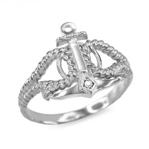 Twisted Style Nautical Rope and Anchor CZ Ring in Sterling Silver