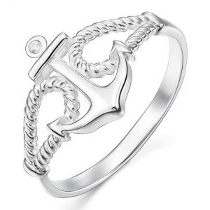 INBLUE Women's 925 Sterling Silver 13mm Ring CZ Silver Tone Rope Anchor Nautical