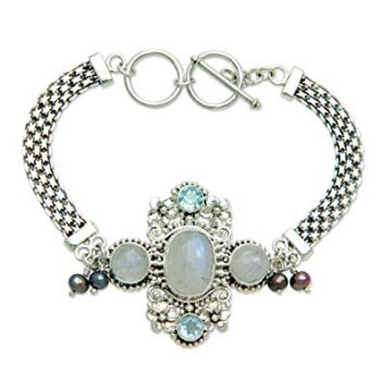 NOVICA Cultured Peacock Pearl and Moonstone .925 Sterling Silver Bracelet 'Regal Gianyar', 7-7.5"