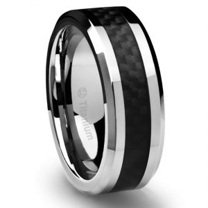 Cavalier Jewelers 8MM Men's Titanium Ring Wedding Band Black Carbon Fiber Inlay and Beveled Edges