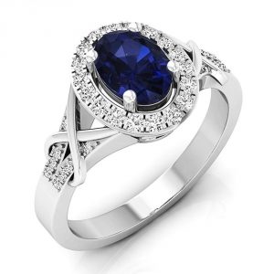 Dazzlingrock Collection 10K Gold Oval Cut Blue Sapphire & Round Cut Diamond Bridal Split Shank Halo Engagement Ring