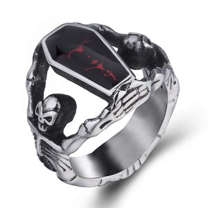 Elfasio Skull Rings for Men Stainless Steel Gothic Vampire Bloody Red Enamel Coffin Bike Jewelry Size 8-14