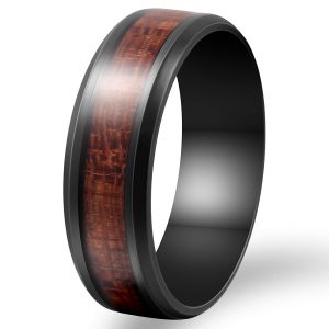 Fashion Month Mens 8mm Black Stainless Steel Ring Vintage Wedding Engagement Promise Band KOA Wood Inlay Comfort Fit