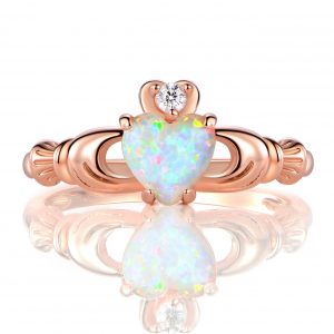 GEMSME Rose Gold Flashed Created 6mm White Heart Opal Cubic Zirconia Crown Ring