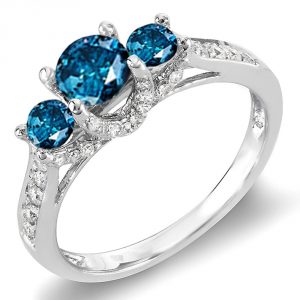  Dazzlingrock Collection 1.00 Carat (ctw) 14k Round White And Blue Diamond 3 Stone Ladies Bridal Engagement Ring 1 CT, White Gold