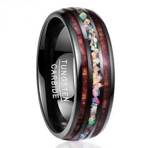 NUNCAD Handmade Genuine Crushed Fire Opal Tungsten Wedding Ring with Hawaii Koa Wood Domed Black Size 6-14