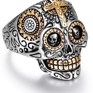 LAOYOU Sugar Skull Rings for Men Women, Stainless Steel Day of The Dead Gothic Cross Mens Jewelry, Womens Biker Cool Ring