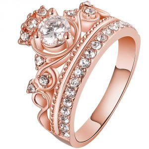 LWLH Jewelry Womens 18K Rose Gold Plated Fashion Cubic Zirconia CZ Princess Crown Tiara Ring Wedding Band