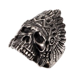 PAURO Cool Feather Dayak Indian Headdress Punk Skull Stainless Steel Mens Boys Ring