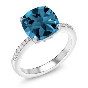  Gem Stone King 925 Sterling Silver London Blue Topaz Women's Engagement Ring 4.47 Cttw Cushion Cut Gemstone Birthstone Available 5,6,7,8,9