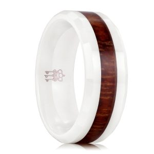 Three Keys Jewelry 8mm White Ceramic Wedding Ring with Hawaiian Koa Wood Inlay Men's Wedding Band Engagement Ring