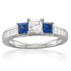  14k White Gold Princess-cut Three-Stone Diamond & Blue Sapphire Engagement Ring