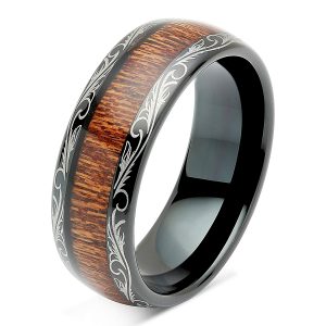 100S JEWELRY Tungsten Rings for Men Wedding Band Koa Wood Inlaid Dome Edge Comfort Fit Size 6-16