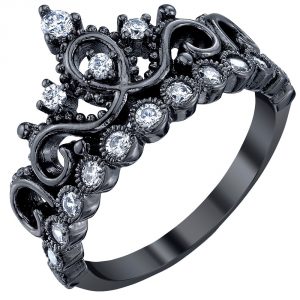 Guliette Verona Sterling Silver Princess Crown Ring (Black Rhodium Plated)