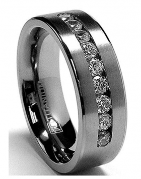 8 MM Men's Titanium Ring Wedding Band with 9 Large Channel Set Cubic Zirconia CZ Sizes 6 to 15