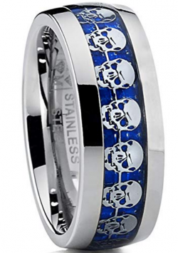 Metal Masters Co. Men's Dome Stainless Steel Ring Band with Blue Carbon Fiber and Skull Design