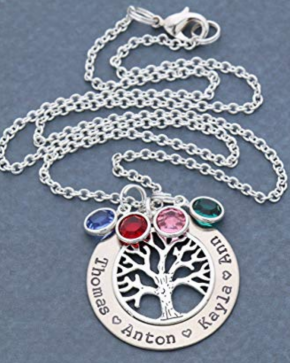 Silver Family Tree Necklace - DII ABC - Grandma Gift - Personalized Children's Name Mother Birthstone Jewelry - 1.25 Inch Washer Swarovski Crystals