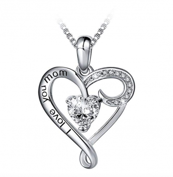 Mother's Birthday Gift I Love You Mom S925 Sterling Silver Heart Pendant Necklace