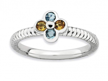 925 Sterling Silver Blue Topaz Yellow Citrine Flower Band Ring Stone Stackable Birthstone Gemstone November December Multiple Fine Jewelry For Women Gift Set