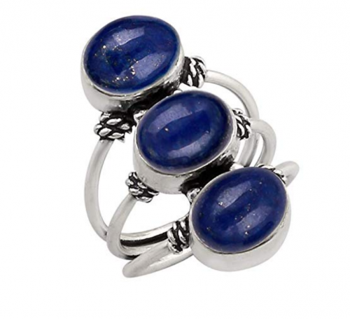 4. 925 Sterling Silver Plated Genuine Gemstone Three Stone Ring