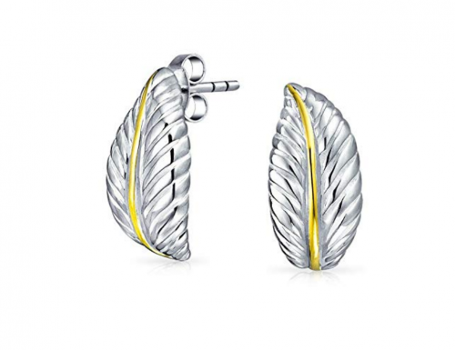 Nature Leaf Shaped Craved Two Tone Curved Stud Earrings