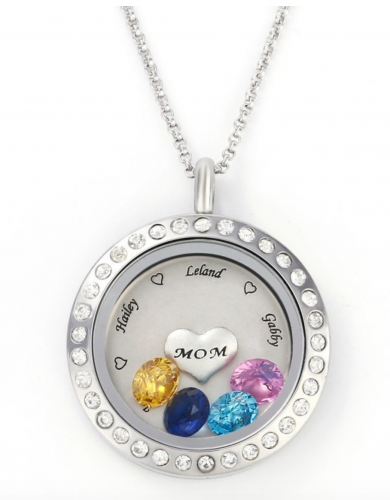 Jeulia Engraved Floating Locket Necklace With Charms And Birthstones Stainless Steel