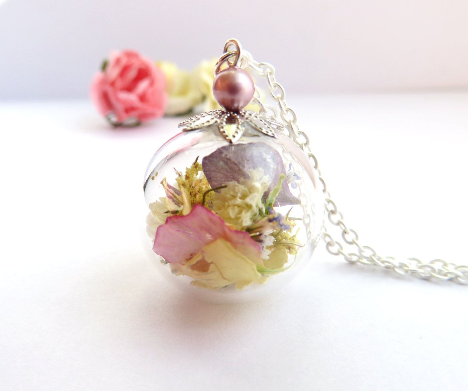 Real Flower Resin Necklace | Fashion Preserved Flower Pendant | Purple | Pink | White Flower Jewerly | New Job Gift, White daisy