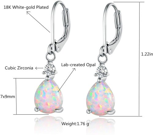 GEMSME White Gold Plated Teardrop Opal Dangle Earrings Info