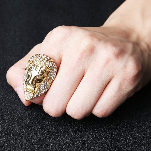HZMAN Men's Cubic Zirconia Iced Out Lion 23K Gold Plated Stainless Steel Rings Model