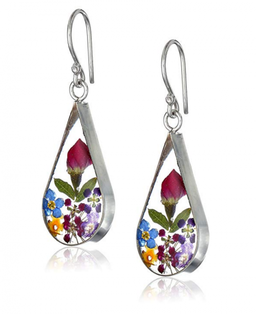 Sterling Silver Pressed Flower Teardrop Earrings 