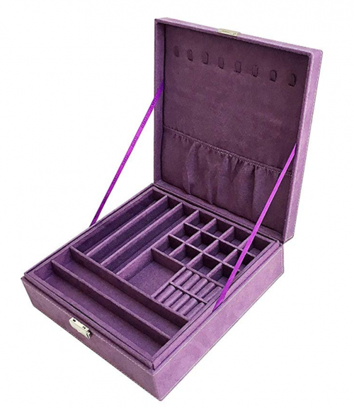 Sodynee JB2-25 Purple Two-Layer Lint Jewelry Box Organizer Display Storage Case with Lock