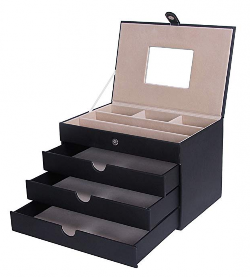 SONGMICS Jewelry Box Mirrored Jewelry Organizer Black Storage Case Drawers UJBC125C