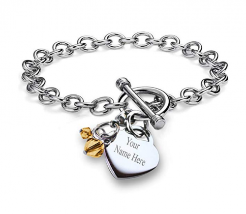 Personalized Customized Charm Bracelet Simulated Birthstone Crystal Charm Heart Toggle Stainless Steel 