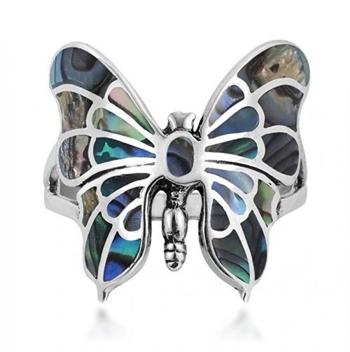 AeraVida Exotic Graceful Butterfly Abalone Shell Inlay .925 Sterling Silver Ring