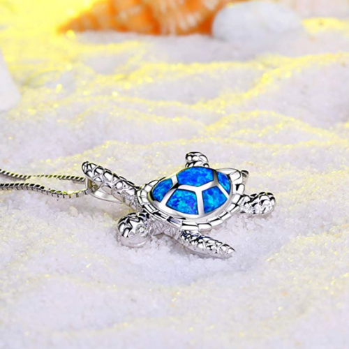 Blue opal turtle necklace