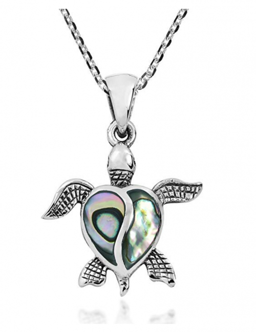 AeraVida Love Life Sea Turtle Heart Abalone Shell .925 Sterling Silver Pendant Necklace