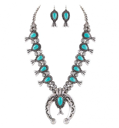 Jayde N' Grey Turquoise Squash Blossom Navajo Necklace & Earrings Bundle