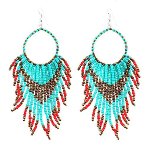 Tribal Dangle Fringe Tassel Bead & Hoop Earrings Native American Style by Pashal 