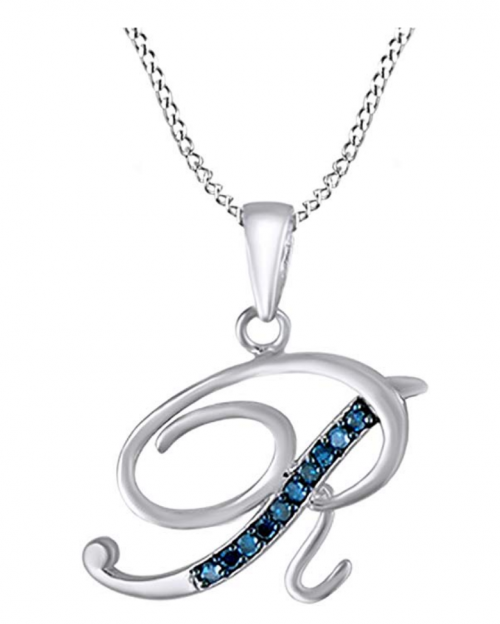 AFFY Blue Natural Diamond Initial Necklace in 14k White Gold Over Sterling Silver