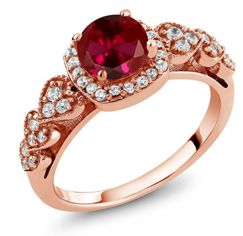 Gem Stone King 1.32 Ct Round Red Created Ruby 18K Rose Gold Plated Silver Women's Ring