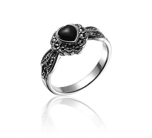 Chuvora Marcasite Black Onyx Heart Leaf Ring