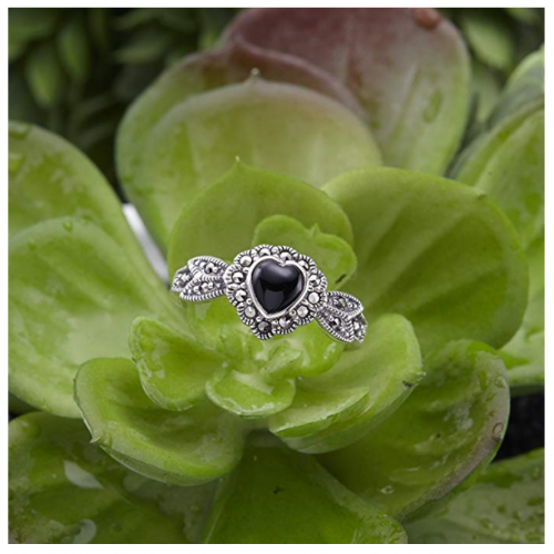 Chuvora Marcasite Black Onyx Heart Leaf Ring Detail