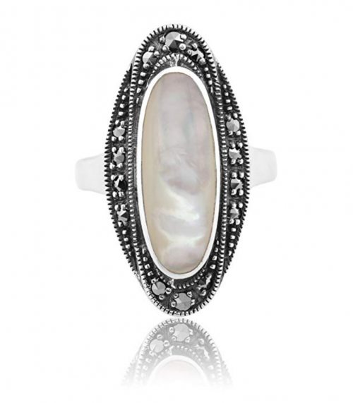 Gemondo Art Deco Mother of Pearl & Marcasite Ring Frontal View