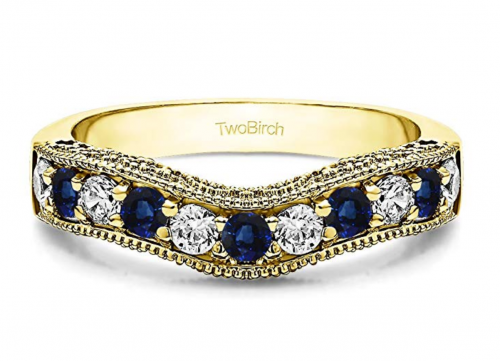 TwoBirch Diamonds and Sapphire Vintage Wedding Band in Yellow Gold