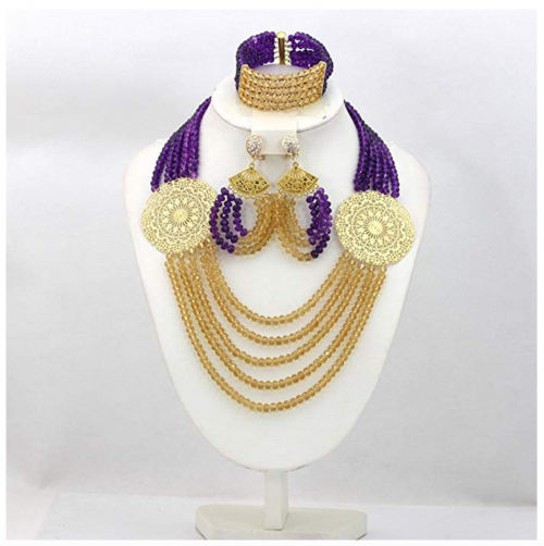 Africanbeads Purple and Gold Jewelry Set on Display