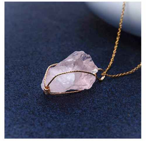 CXD-GEM Wire Wrapped Raw Rose Quartz Necklace Detail