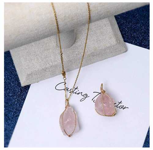 CXD-GEM Wire Wrapped Raw Rose Quartz Necklace on Display