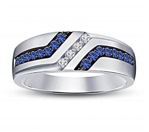 TVS-JEWELS Men's Blue Sapphire & White CZ Ring