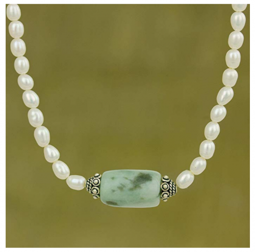 NOVICA Pearl and Jade Necklace Detail