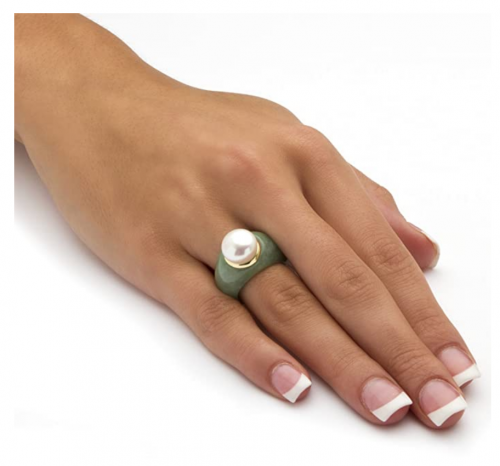 Palm Beach Jewelry Pearl and Green Jade Ring on Hand